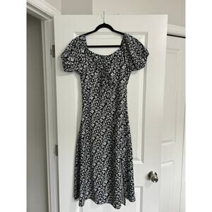 Floral Puff Sleeve Black Midi Dress Women’s Size Medium